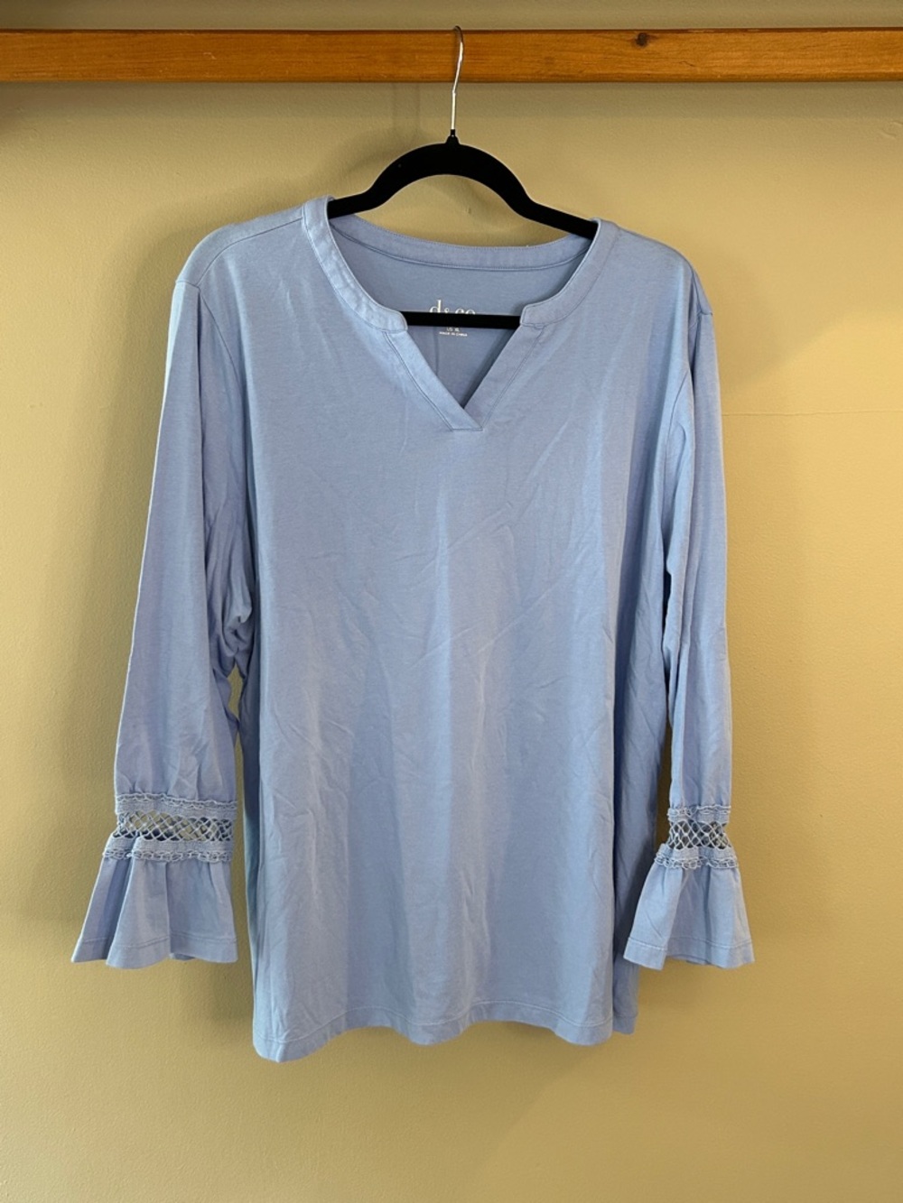 Light Blue V-Neck Long Sleeve Tee with Crochet Bell Cuffs